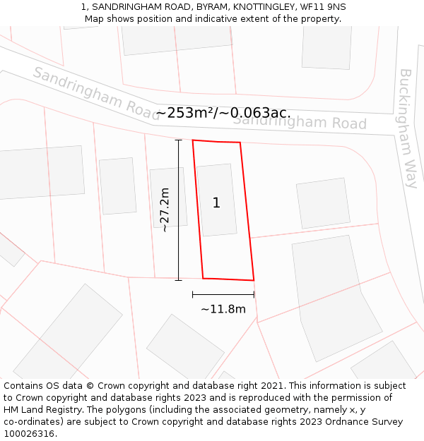 1, SANDRINGHAM ROAD, BYRAM, KNOTTINGLEY, WF11 9NS: Plot and title map