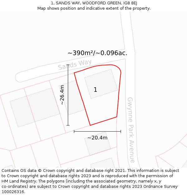 1, SANDS WAY, WOODFORD GREEN, IG8 8EJ: Plot and title map