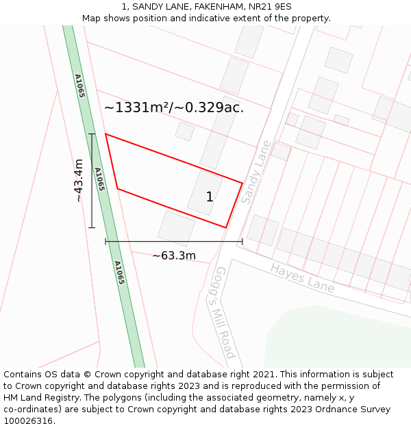 1, SANDY LANE, FAKENHAM, NR21 9ES: Plot and title map