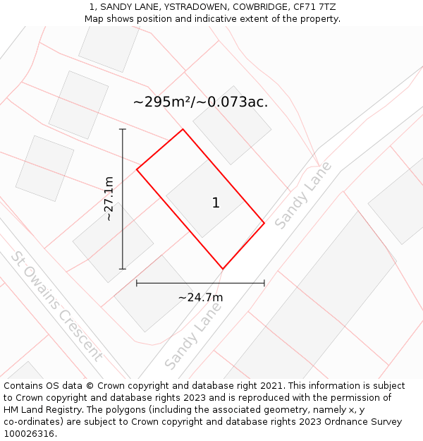 1, SANDY LANE, YSTRADOWEN, COWBRIDGE, CF71 7TZ: Plot and title map