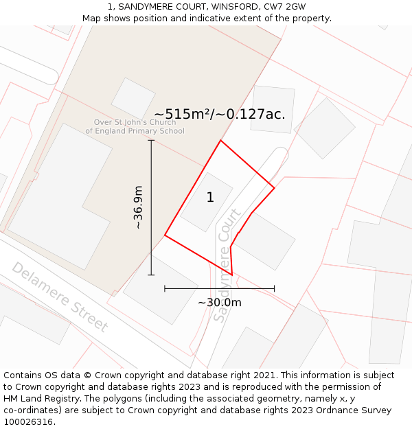 1, SANDYMERE COURT, WINSFORD, CW7 2GW: Plot and title map