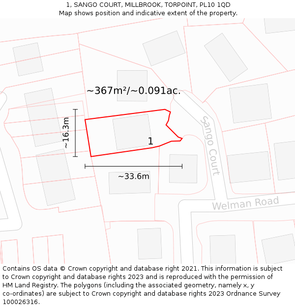1, SANGO COURT, MILLBROOK, TORPOINT, PL10 1QD: Plot and title map