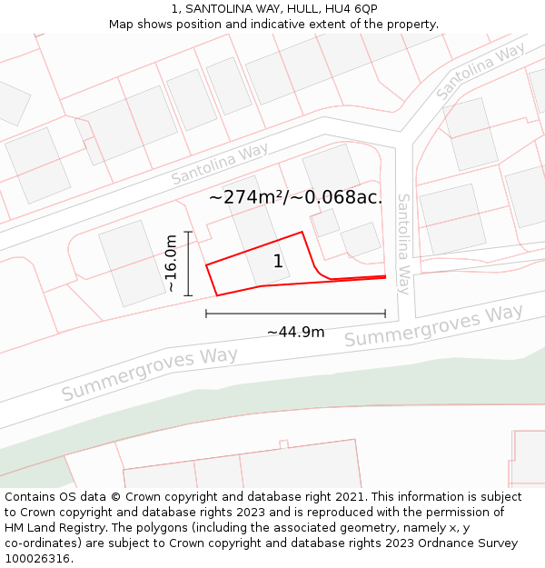 1, SANTOLINA WAY, HULL, HU4 6QP: Plot and title map