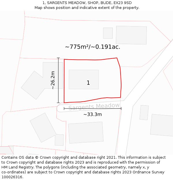 1, SARGENTS MEADOW, SHOP, BUDE, EX23 9SD: Plot and title map