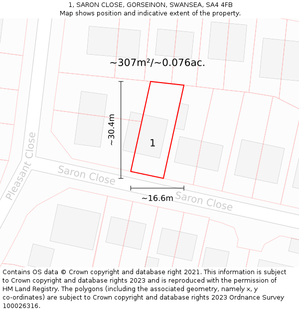 1, SARON CLOSE, GORSEINON, SWANSEA, SA4 4FB: Plot and title map