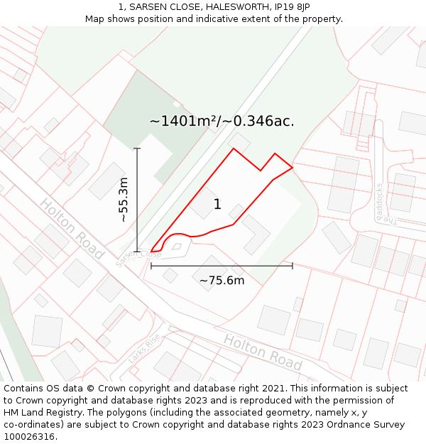 1, SARSEN CLOSE, HALESWORTH, IP19 8JP: Plot and title map