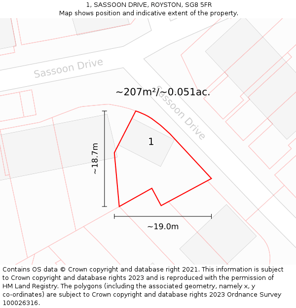 1, SASSOON DRIVE, ROYSTON, SG8 5FR: Plot and title map