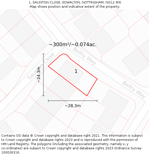 1, SAUNTON CLOSE, EDWALTON, NOTTINGHAM, NG12 4FE: Plot and title map