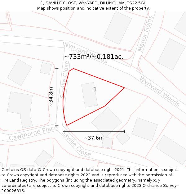 1, SAVILLE CLOSE, WYNYARD, BILLINGHAM, TS22 5GL: Plot and title map