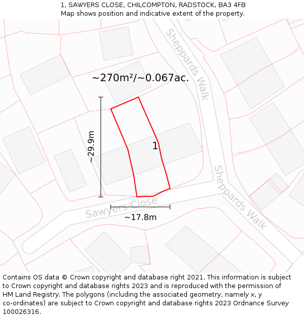 1, SAWYERS CLOSE, CHILCOMPTON, RADSTOCK, BA3 4FB: Plot and title map