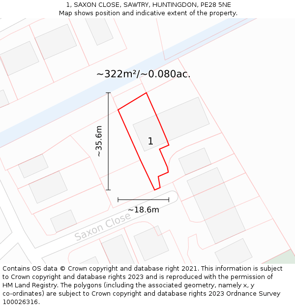 1, SAXON CLOSE, SAWTRY, HUNTINGDON, PE28 5NE: Plot and title map