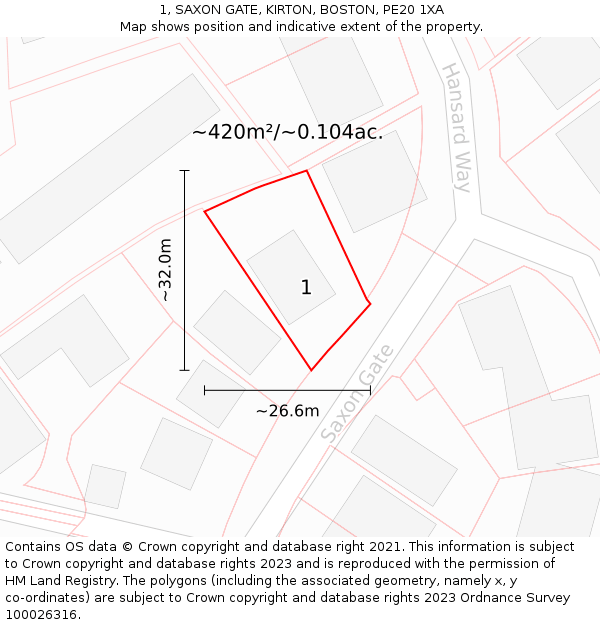 1, SAXON GATE, KIRTON, BOSTON, PE20 1XA: Plot and title map