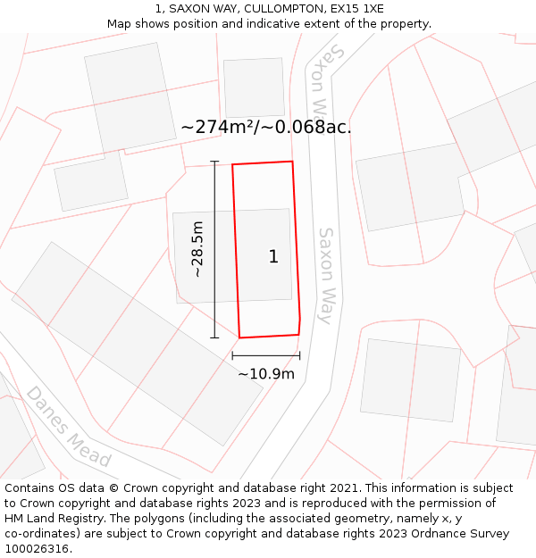 1, SAXON WAY, CULLOMPTON, EX15 1XE: Plot and title map