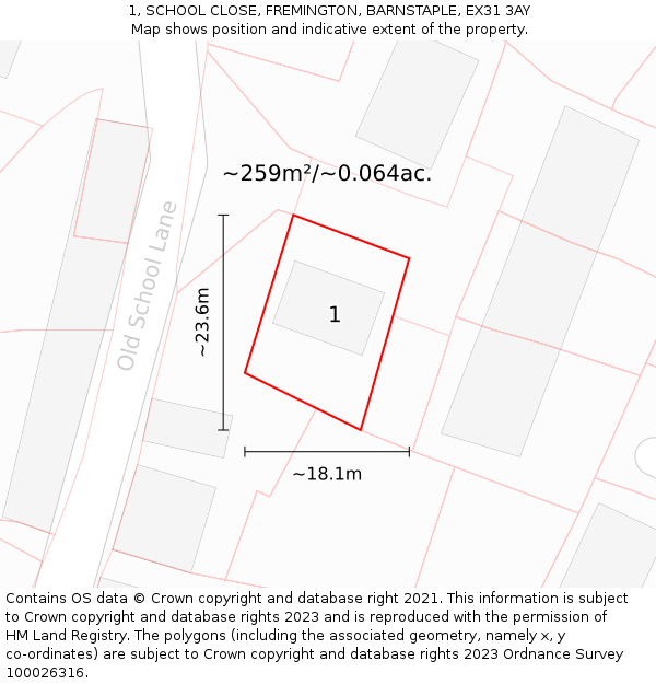 1, SCHOOL CLOSE, FREMINGTON, BARNSTAPLE, EX31 3AY: Plot and title map