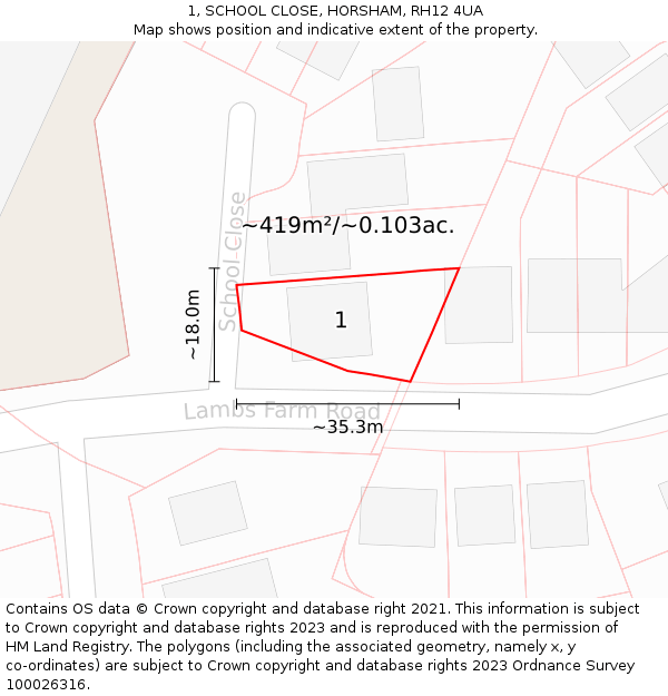 1, SCHOOL CLOSE, HORSHAM, RH12 4UA: Plot and title map