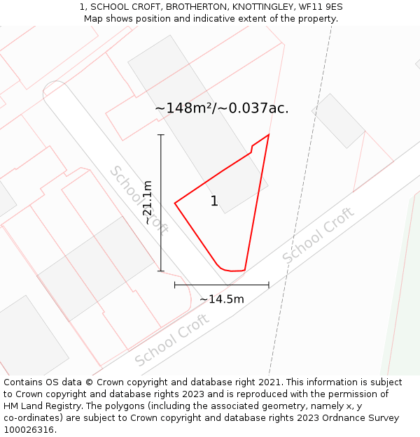 1, SCHOOL CROFT, BROTHERTON, KNOTTINGLEY, WF11 9ES: Plot and title map