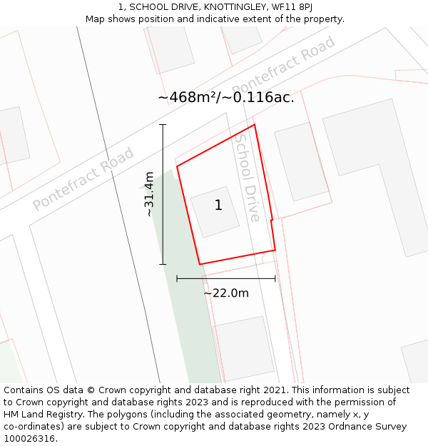 1, SCHOOL DRIVE, KNOTTINGLEY, WF11 8PJ: Plot and title map