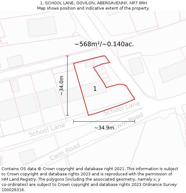 1, SCHOOL LANE, GOVILON, ABERGAVENNY, NP7 9RH: Plot and title map