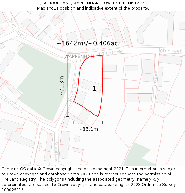 1, SCHOOL LANE, WAPPENHAM, TOWCESTER, NN12 8SG: Plot and title map