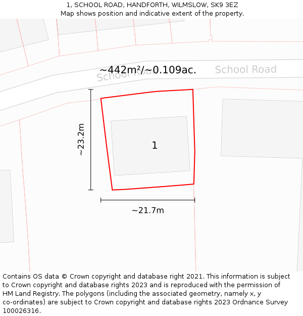 1, SCHOOL ROAD, HANDFORTH, WILMSLOW, SK9 3EZ: Plot and title map