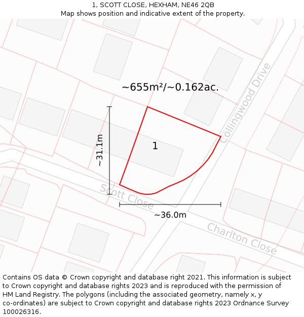 1, SCOTT CLOSE, HEXHAM, NE46 2QB: Plot and title map