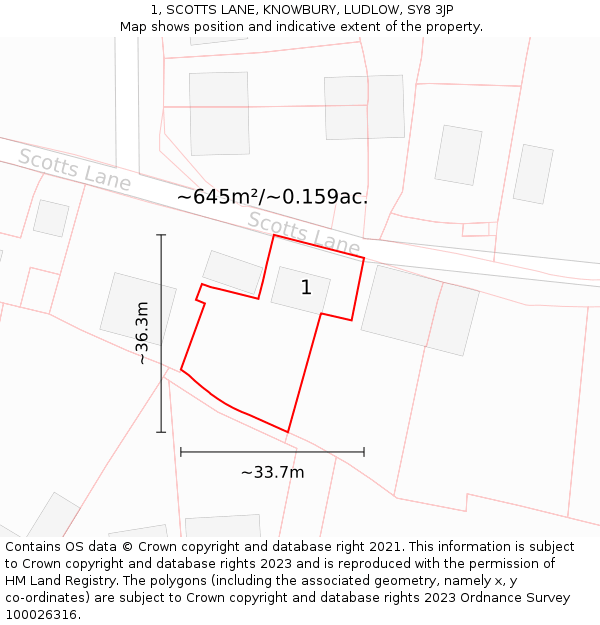 1, SCOTTS LANE, KNOWBURY, LUDLOW, SY8 3JP: Plot and title map