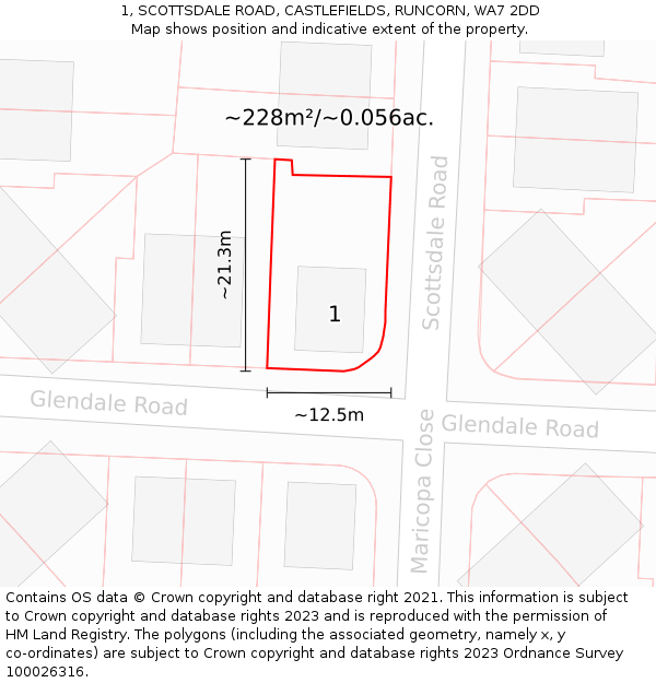 1, SCOTTSDALE ROAD, CASTLEFIELDS, RUNCORN, WA7 2DD: Plot and title map