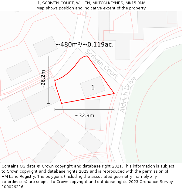 1, SCRIVEN COURT, WILLEN, MILTON KEYNES, MK15 9NA: Plot and title map