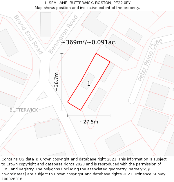 1, SEA LANE, BUTTERWICK, BOSTON, PE22 0EY: Plot and title map