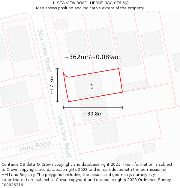 1, SEA VIEW ROAD, HERNE BAY, CT6 6JQ: Plot and title map