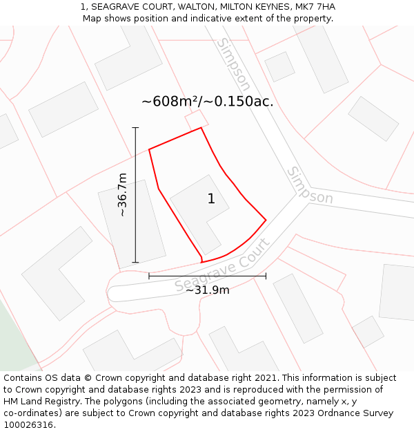 1, SEAGRAVE COURT, WALTON, MILTON KEYNES, MK7 7HA: Plot and title map