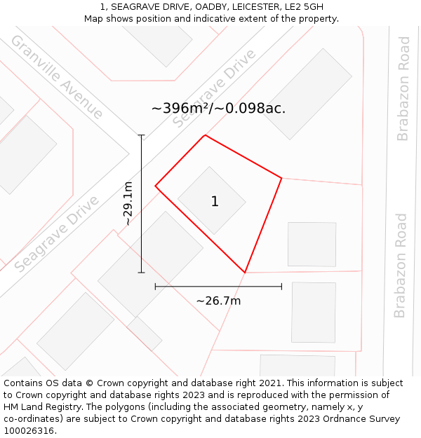 1, SEAGRAVE DRIVE, OADBY, LEICESTER, LE2 5GH: Plot and title map