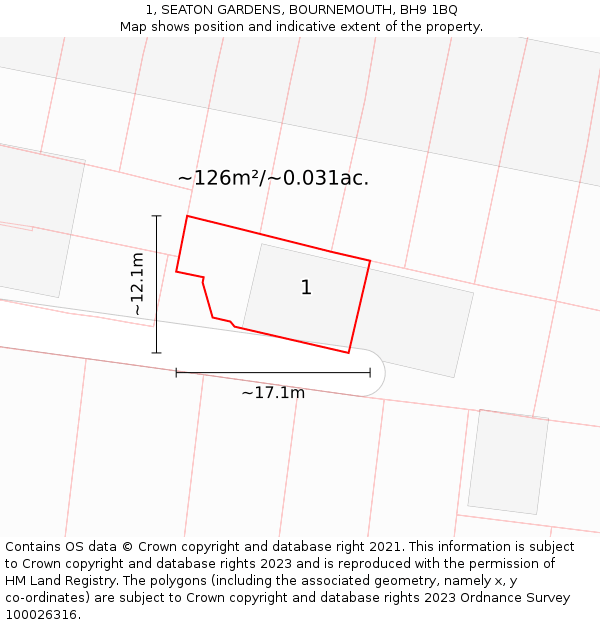 1, SEATON GARDENS, BOURNEMOUTH, BH9 1BQ: Plot and title map