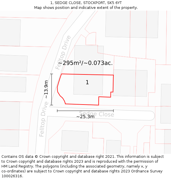 1, SEDGE CLOSE, STOCKPORT, SK5 6YT: Plot and title map
