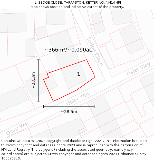 1, SEDGE CLOSE, THRAPSTON, KETTERING, NN14 4PJ: Plot and title map