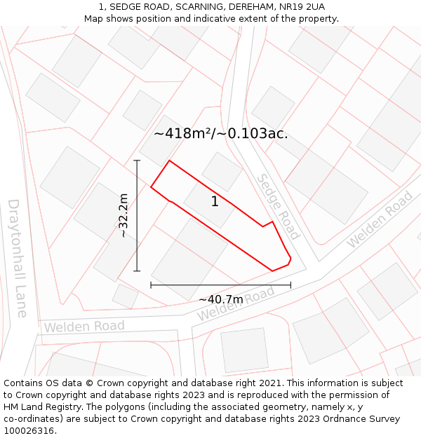 1, SEDGE ROAD, SCARNING, DEREHAM, NR19 2UA: Plot and title map
