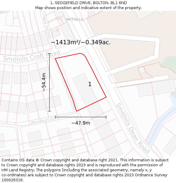 1, SEDGEFIELD DRIVE, BOLTON, BL1 6ND: Plot and title map