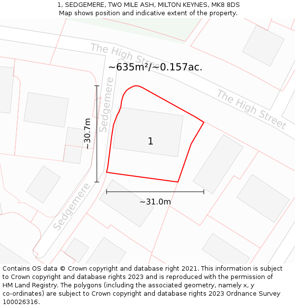 1, SEDGEMERE, TWO MILE ASH, MILTON KEYNES, MK8 8DS: Plot and title map