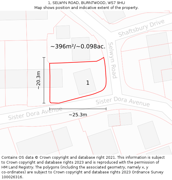 1, SELWYN ROAD, BURNTWOOD, WS7 9HU: Plot and title map