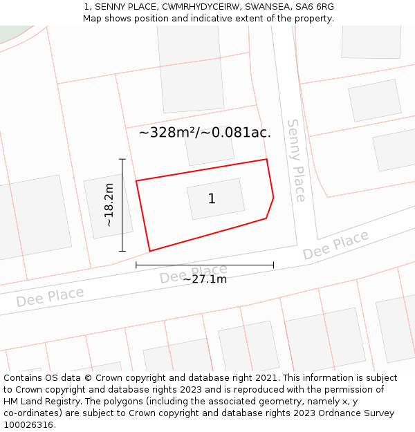 1, SENNY PLACE, CWMRHYDYCEIRW, SWANSEA, SA6 6RG: Plot and title map