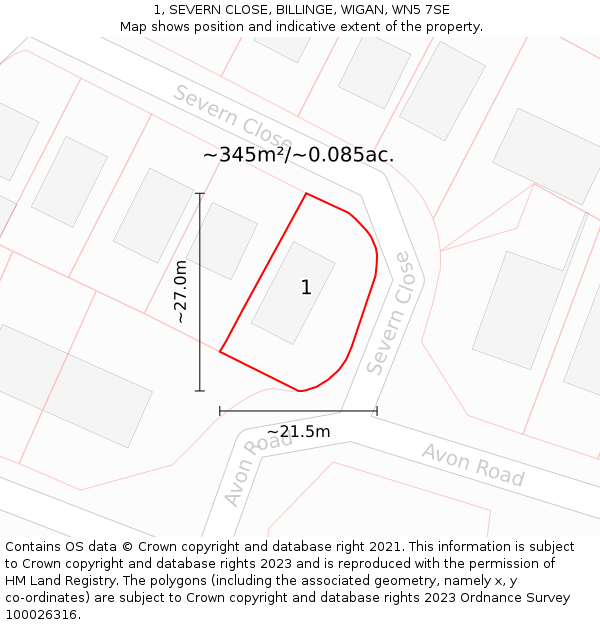 1, SEVERN CLOSE, BILLINGE, WIGAN, WN5 7SE: Plot and title map