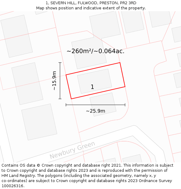 1, SEVERN HILL, FULWOOD, PRESTON, PR2 3RD: Plot and title map