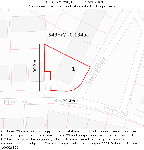 1, SEWARD CLOSE, LICHFIELD, WS14 9DL: Plot and title map