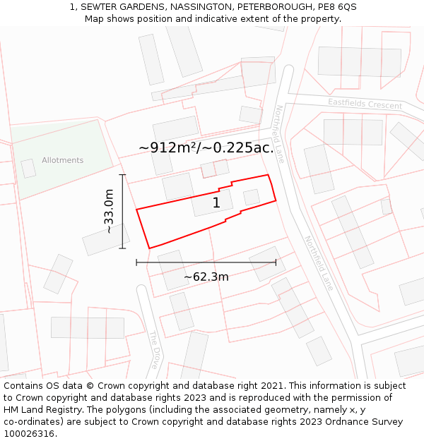 1, SEWTER GARDENS, NASSINGTON, PETERBOROUGH, PE8 6QS: Plot and title map