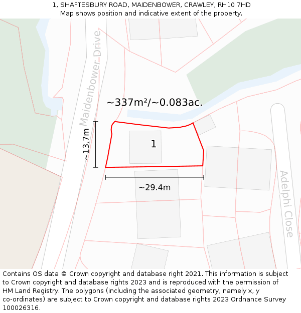 1, SHAFTESBURY ROAD, MAIDENBOWER, CRAWLEY, RH10 7HD: Plot and title map