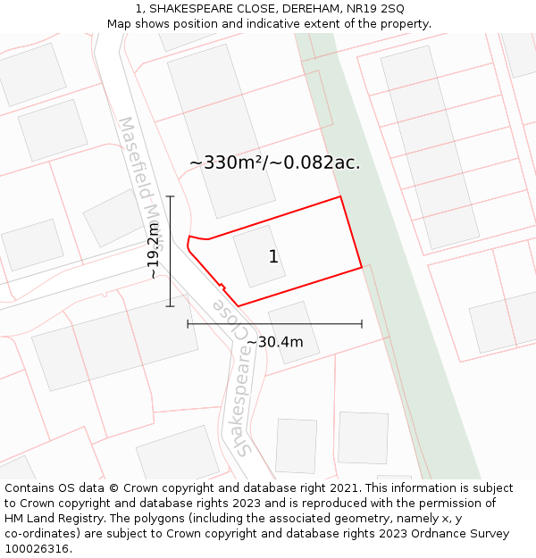 1, SHAKESPEARE CLOSE, DEREHAM, NR19 2SQ: Plot and title map