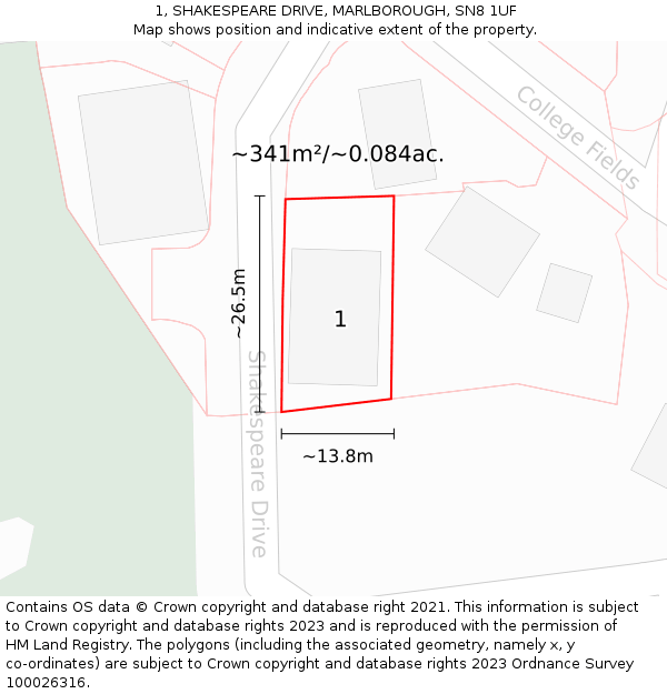 1, SHAKESPEARE DRIVE, MARLBOROUGH, SN8 1UF: Plot and title map