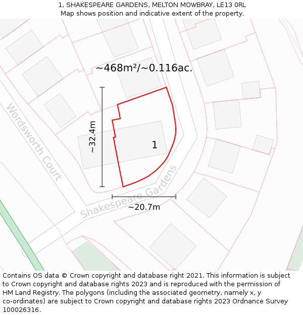 1, SHAKESPEARE GARDENS, MELTON MOWBRAY, LE13 0RL: Plot and title map