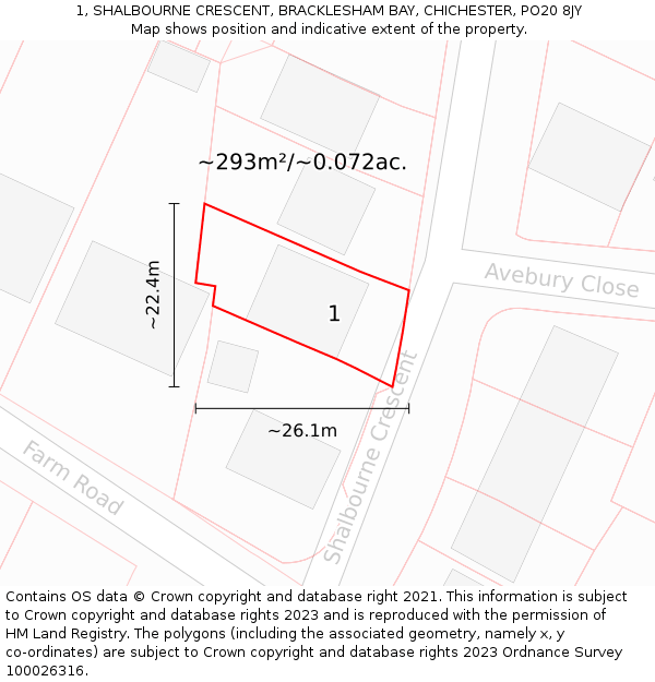 1, SHALBOURNE CRESCENT, BRACKLESHAM BAY, CHICHESTER, PO20 8JY: Plot and title map