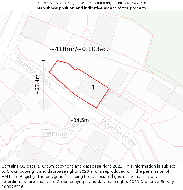 1, SHANNON CLOSE, LOWER STONDON, HENLOW, SG16 6EF: Plot and title map